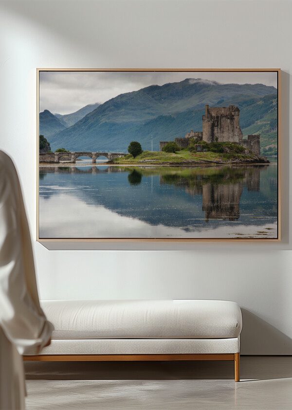 CASTLE ON AN ISLAND IN A LAKE AMONG THE MOUNTAINS