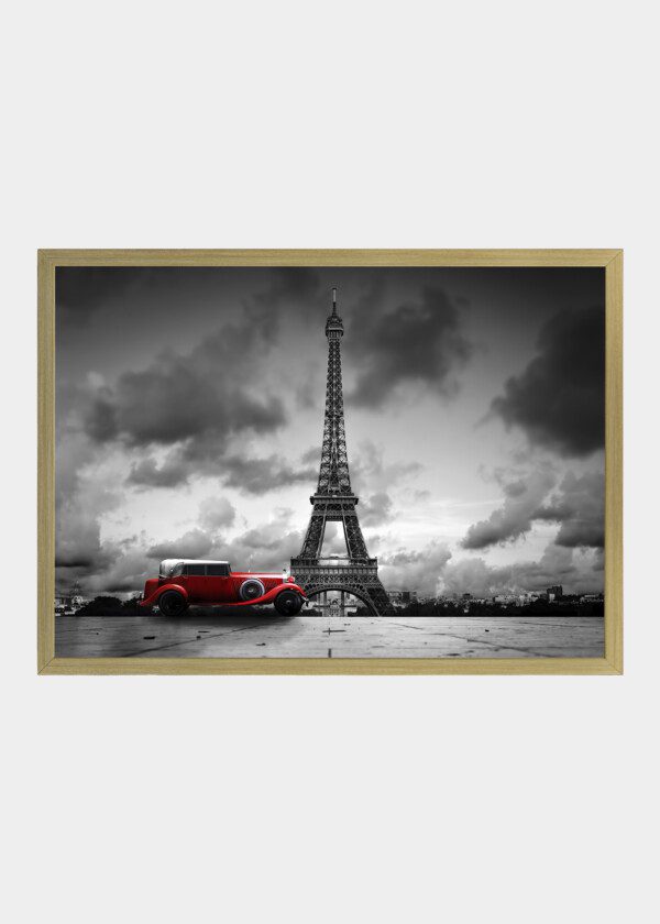 PARIS. BLACK AND WHITE EIFFEL TOWER WITH RED CAR