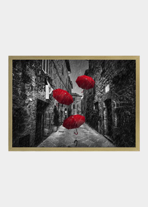 RED UMBRELLAS IN BLACK AND WHITE ALLEY