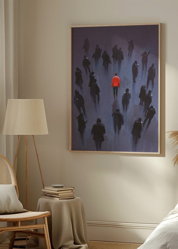 PAINTING. RED MAN AMONG BLACK MEN WITH MOBILE PHONES