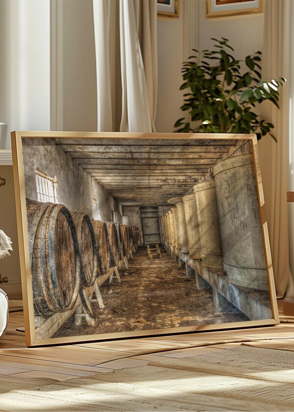 WINE BARRELS AS WELL AS TUBS IN AN ABANDONED WINE CELLAR