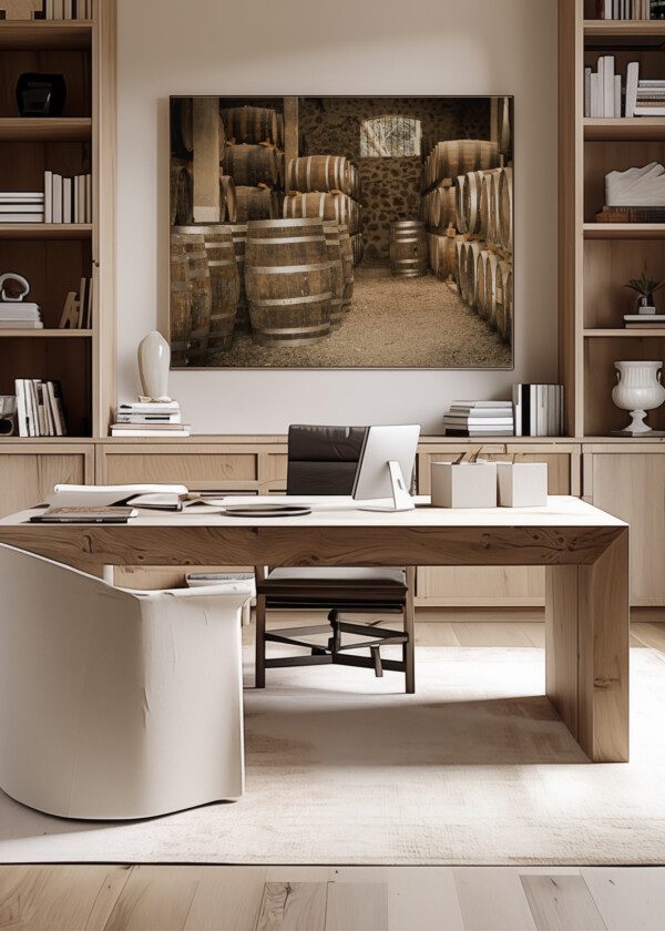 WINE BARRELS STORED IN AN OLD CELLAR AT A WINERY