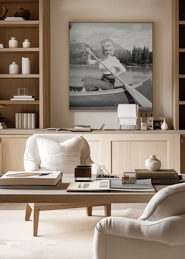 MARILYN MONROE IN A CANOE WITH HER EYES SLIGHTLY CLOSED
