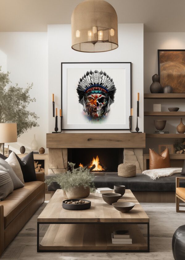 ILLUSTRATION. SKULL WITH NATIVE AMERICAN FEATHERS