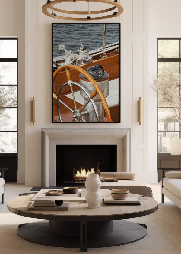 STEERING WHEEL AND COMPASS ON SAILBOAT