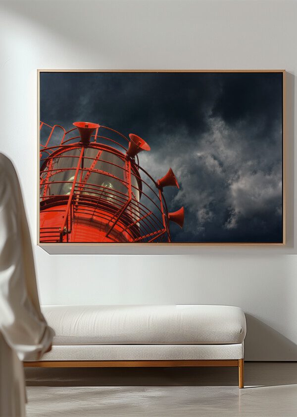 RED LIGHTHOUSE AGAINST BLUE SKY