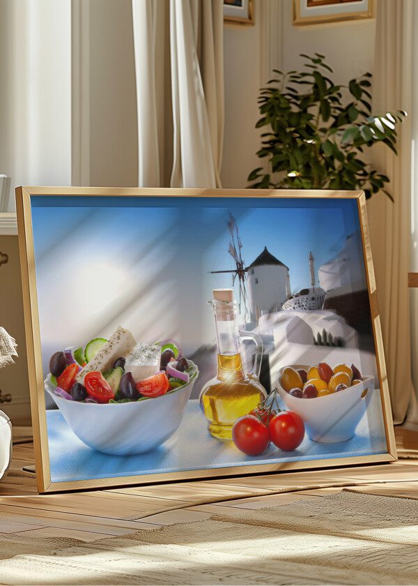 STILL LIFE. SALAD, OIL AND WINDMILL