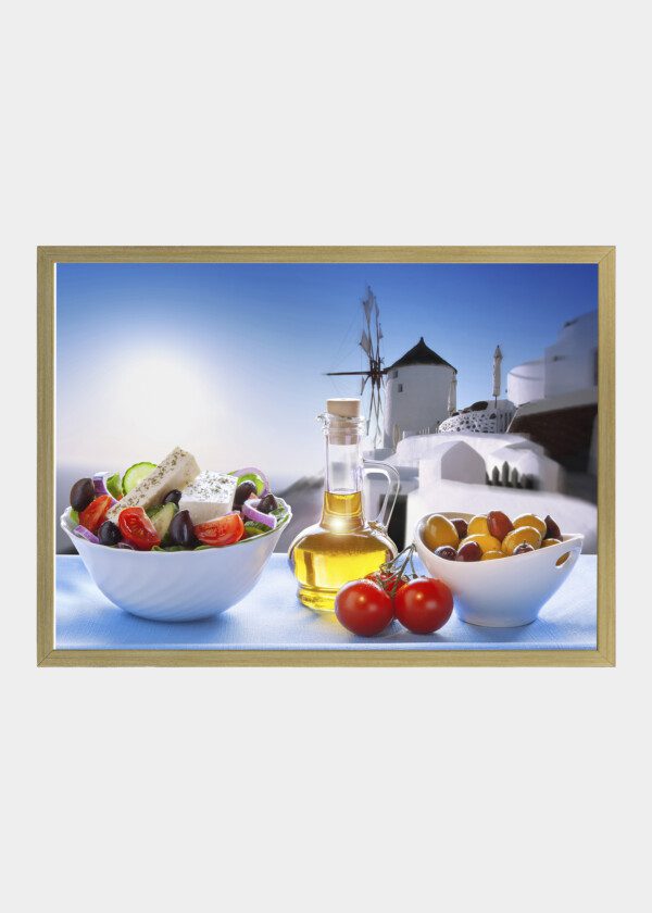 STILL LIFE. SALAD, OIL AND WINDMILL