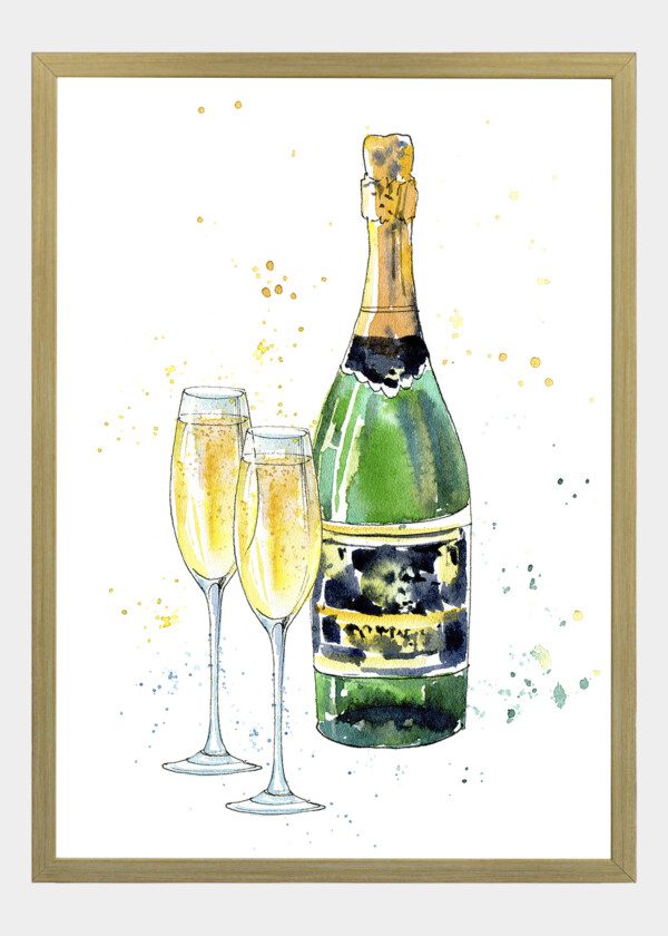 ILLUSTRATION. CHAMPAGNE BOTTLE AND GLASS