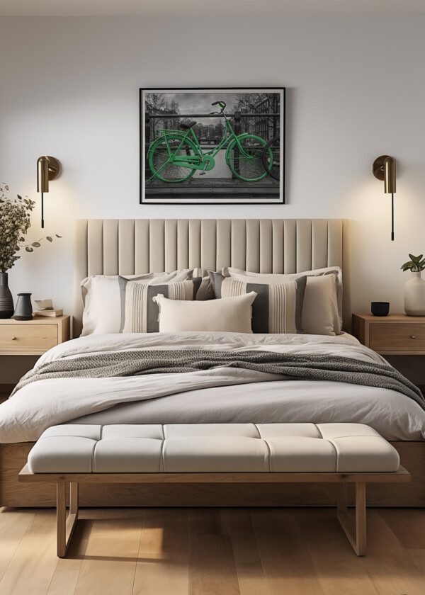 GREEN BICYCLE AGAINST BLACK AND WHITE CITY