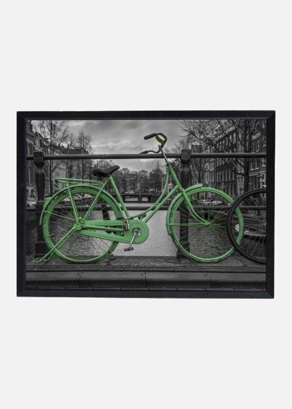 GREEN BICYCLE AGAINST BLACK AND WHITE CITY