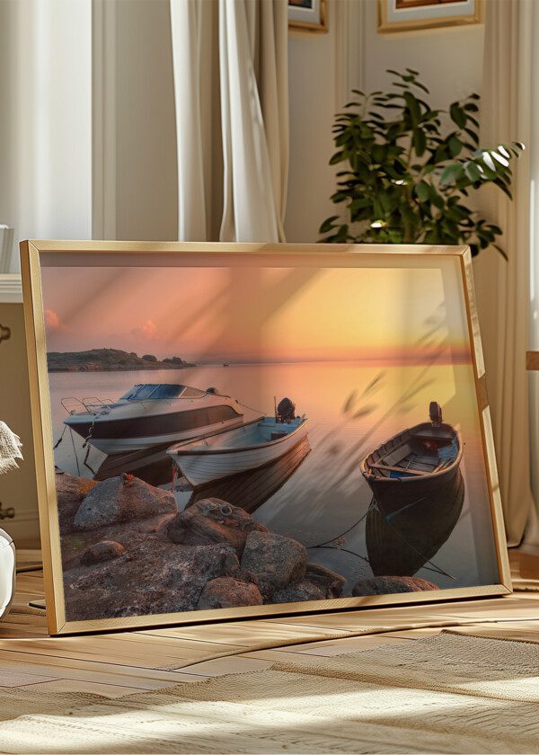 THREE BOATS AT SUNSET