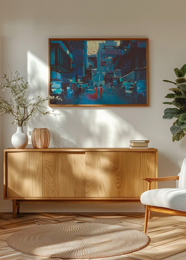 ILLUSTRATION RED-CLAD IN BLUE CITY