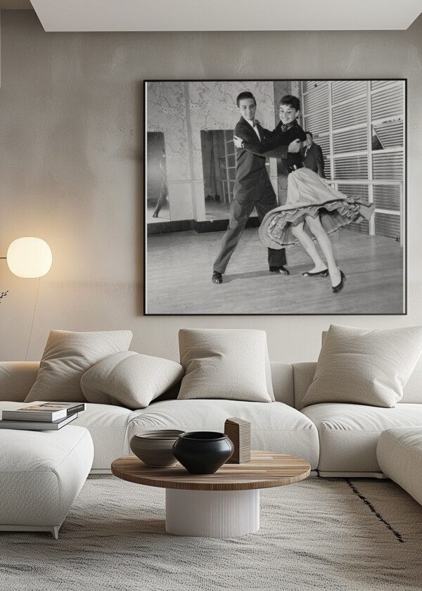 AUDREY HEPBURN DANCING WITH A MAN AT A DANCE STUDIO 1954