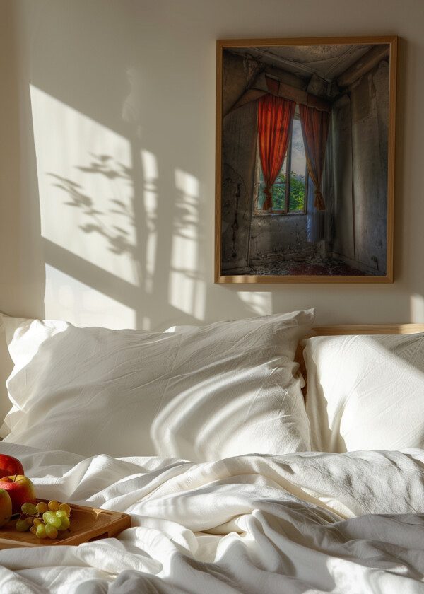 WINDOWS WITH RED CURTAINS
