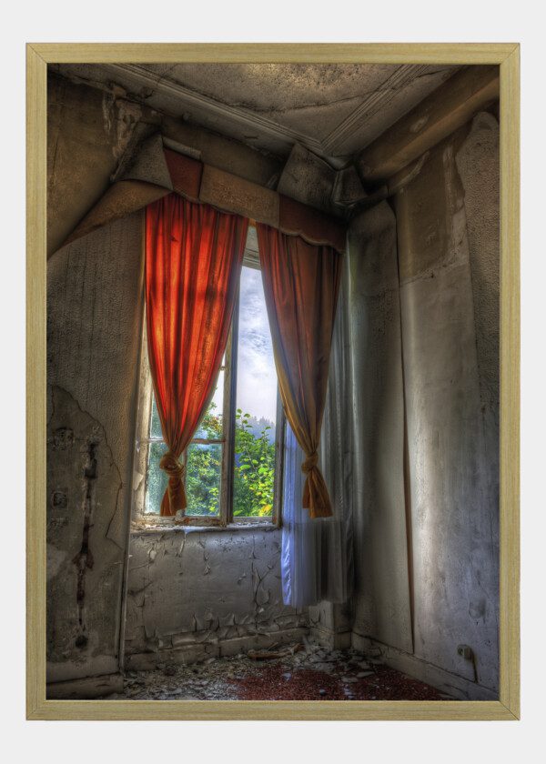 WINDOWS WITH RED CURTAINS