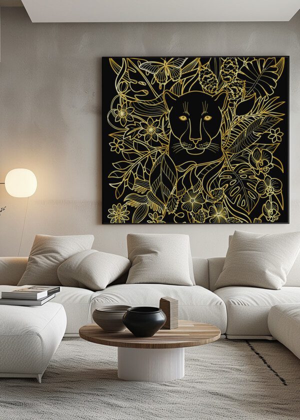 JUNGLE PATTERN WITH PANTHER, FLOWERS AND LEAVES