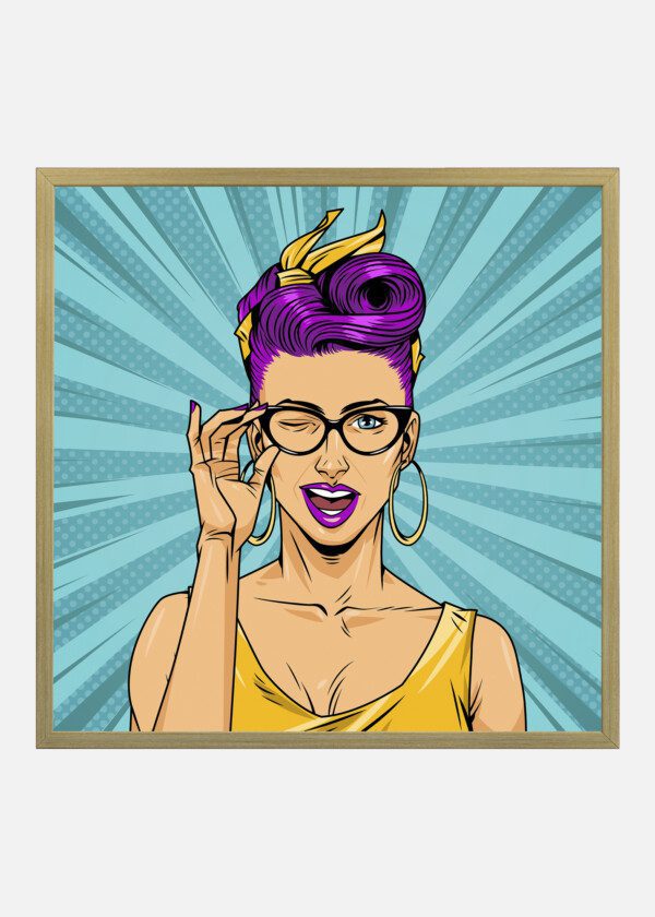 COMIC WINKING ATTRACTIVE WOMAN WITH BLACK GLASSES