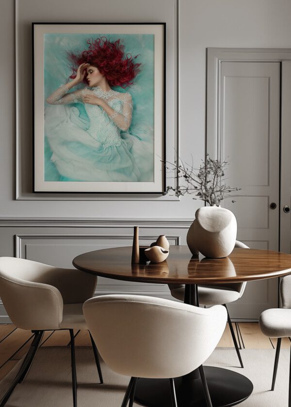FASHION GIRL LYING IN A TURQUOISE DRESS