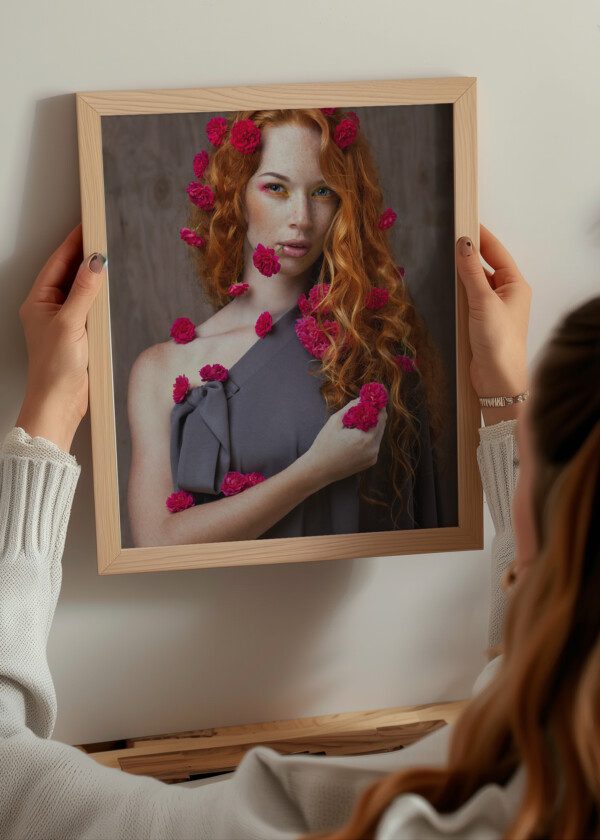 RED-HAIRED GIRL HOLDING A BOUQUET OF FLOWERS