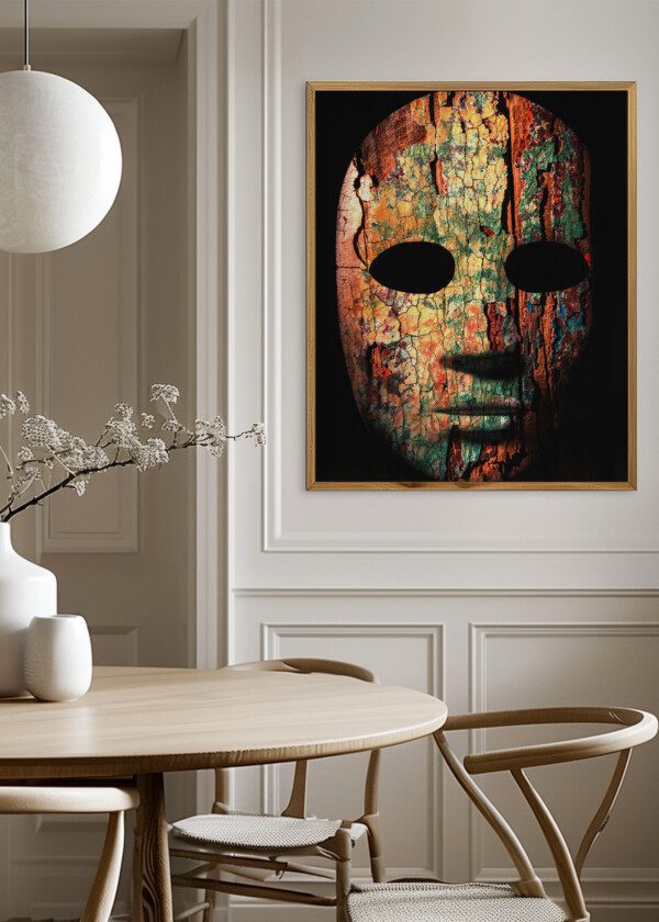 TEXTURED MASK WITH CRACKED ROUGH WOOD PAINTED SURFACE
