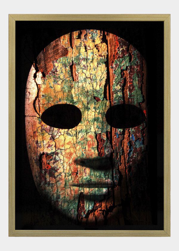 TEXTURED MASK WITH CRACKED ROUGH WOOD PAINTED SURFACE