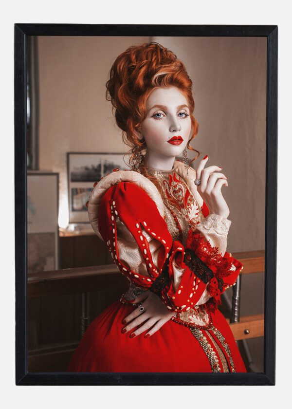 RED-HAIRED GIRL WITH BLUE EYES IN RED DRESS