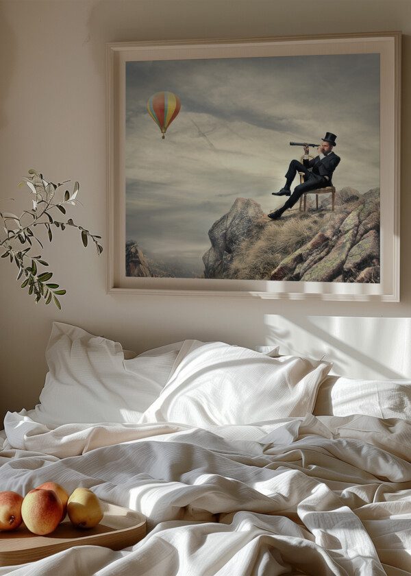 RICH BUSINESSMAN SITTING ON A CHAIR IN THE MOUNTAIN LOOKING THE LANDSCAPE WITH SPYGLASS