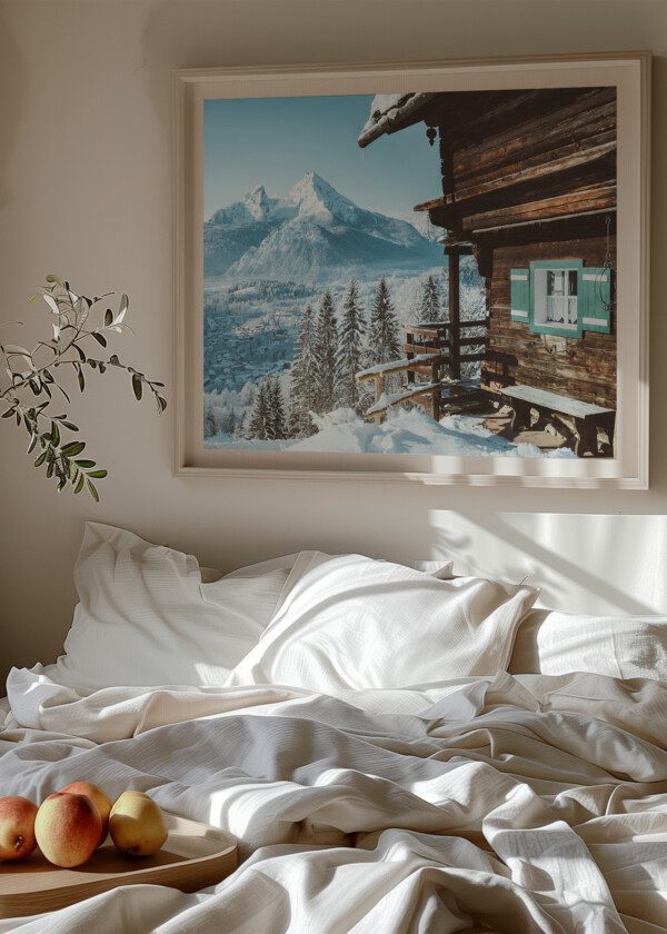 TRADITIONAL WOODEN MOUNTAIN CABIN IN SCENIC WHITE WINTER WONDERLAND