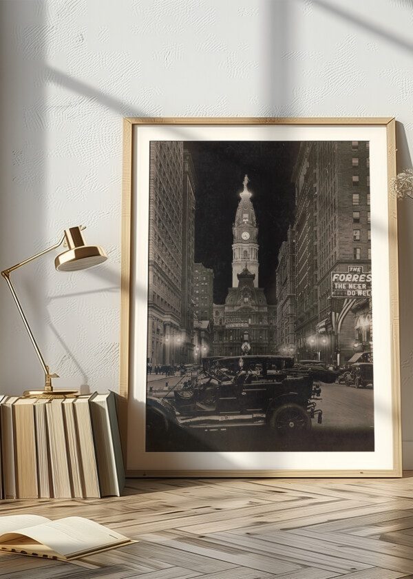 NIGHT VIEW OF BROAD STREET WITH LIT TOWER OF CITY HALL, PHILADELPHIA, PENNSYLVANIA 1910