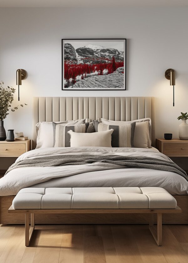 RED FALL FOREST IN A BLACK AND WHITE LANDSCAPE SCENE IN THE COLORADO ROCKY MOUNTAINS
