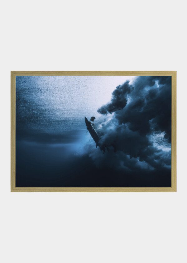 SURFER MAN WITH SURFBOARD DIVE UNDERWATER WITH UNDER OCEAN WAVE