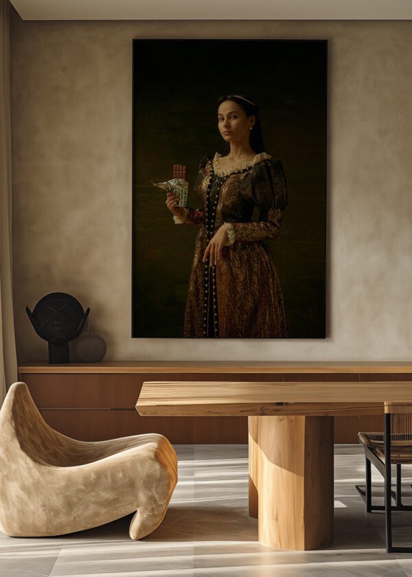 GIRL IN MEDIEVAL BEAUTIFUL DRESS OR COSTUME OF THE COUNTESS AT DARK STUDIO