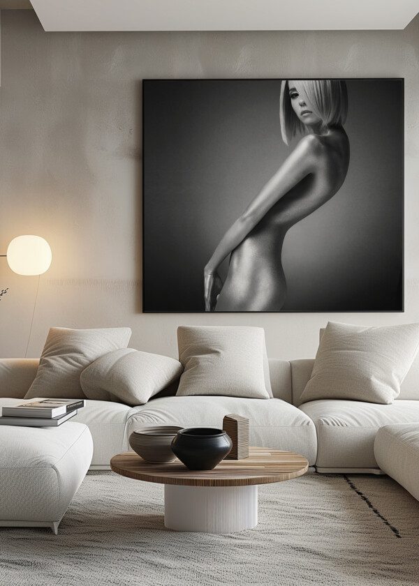 BLACK-AND-WHITE PORTRAIT OF BEAUTIFUL NUDE WOMAN WITH SEXY BODY