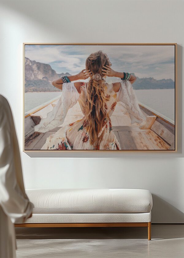 FASHIONABLE YOUNG MODEL IN BOHO STYLE DRESS ON BOAT AT THE LAKE