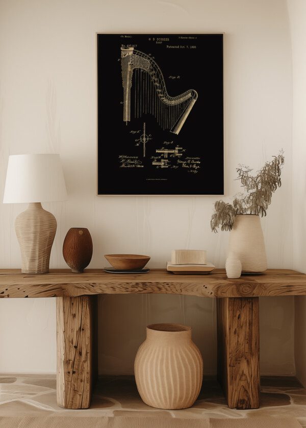 Motiv: Patent Print - Harp Fig 2-5. Miljöbild - Upphängd på väggen i tavelram