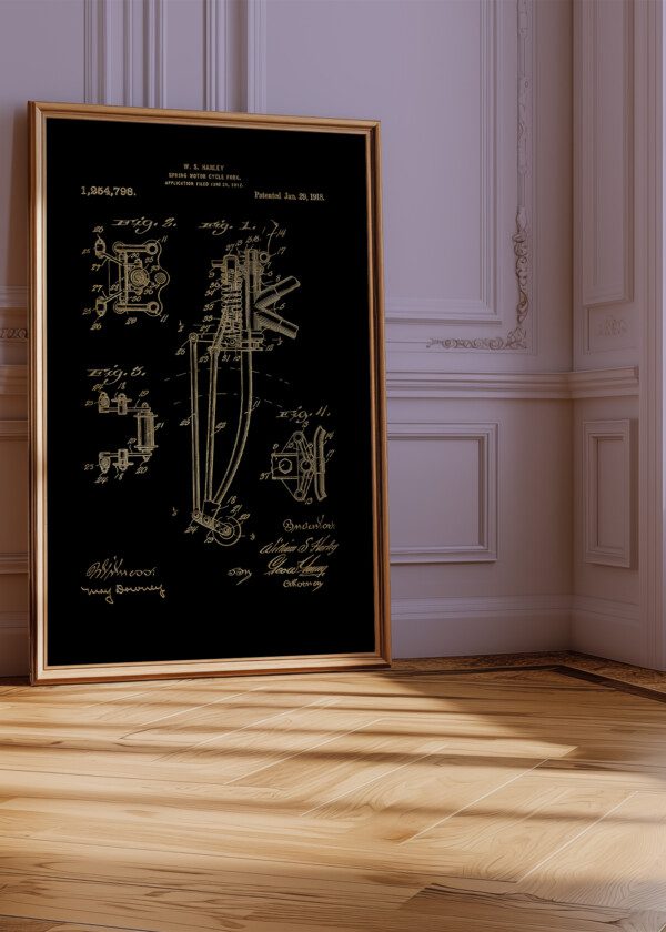 Motiv: Patent Print - W.S Harley Spring Motor Cycle Fork Fig1-4. Miljöbild - Upphängd på väggen i tavelram