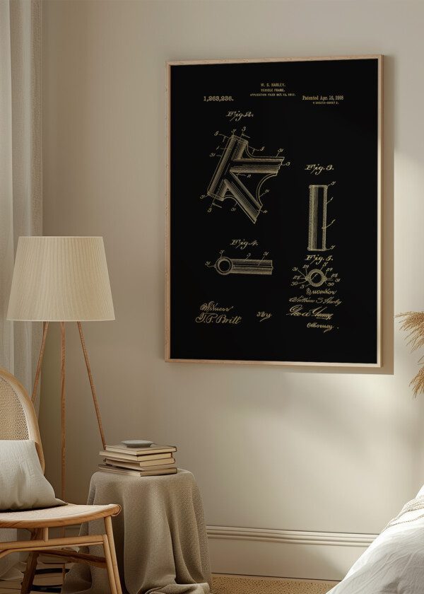 Motiv: Patent Print - W.S Harley Vehicle Frame Fig 2-5. Miljöbild - Upphängd på väggen i tavelram