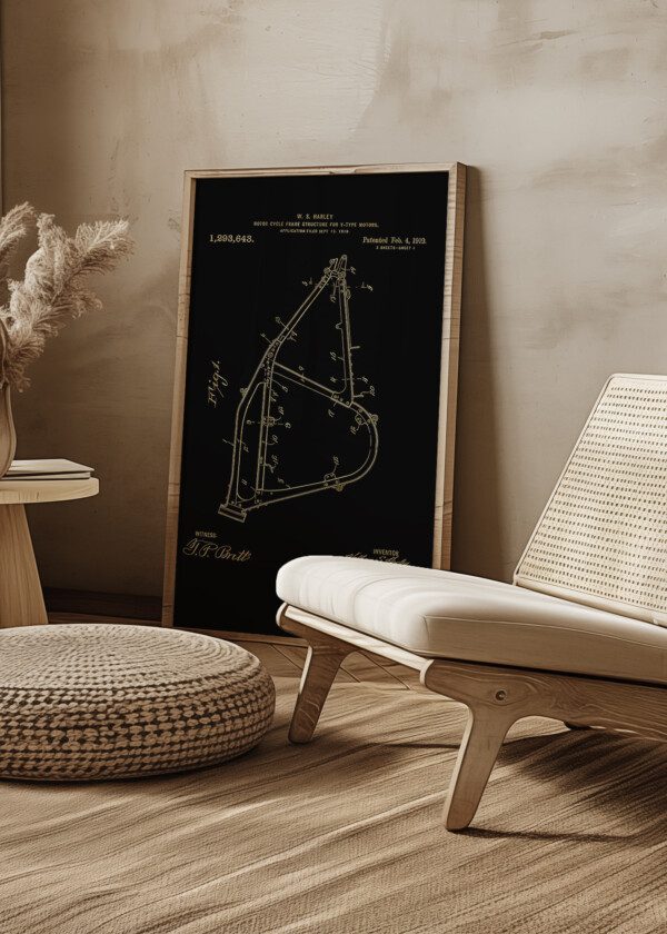 Motiv: Patent Print - W.S Harley Motor Cycle Frame Structure Fig1. Miljöbild - Upphängd på väggen i tavelram